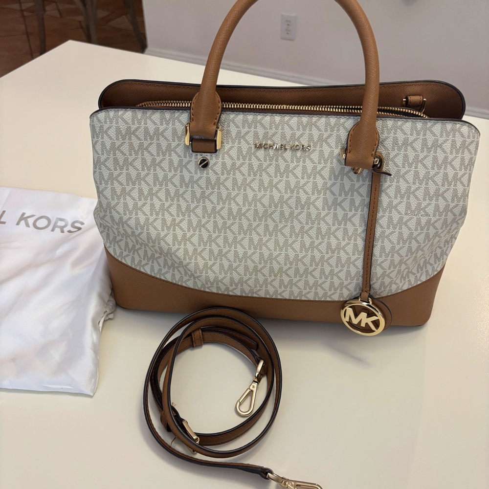 Michael Kors Cream and Brown Logo handbag With Crossbody Strap